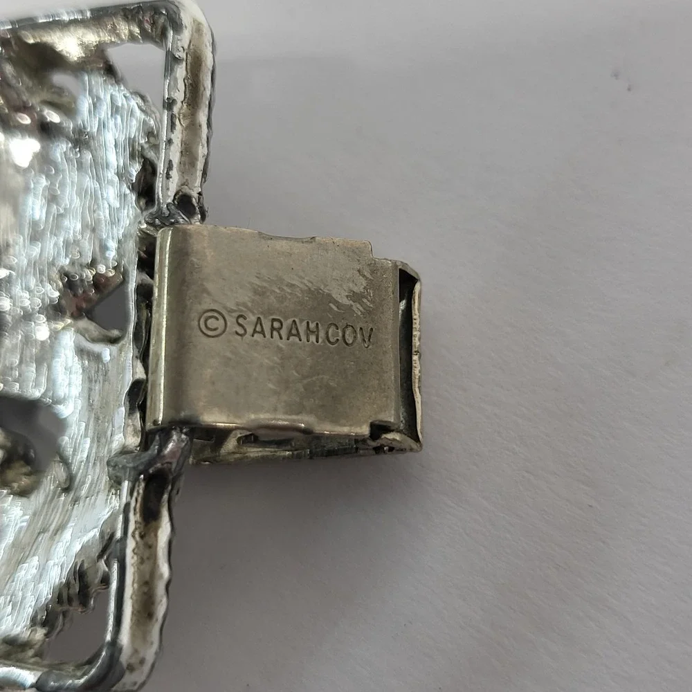 Vintage Sarah Coventry Silver Tone Floral Panel Bracelet Wide Hinged Link Ornate